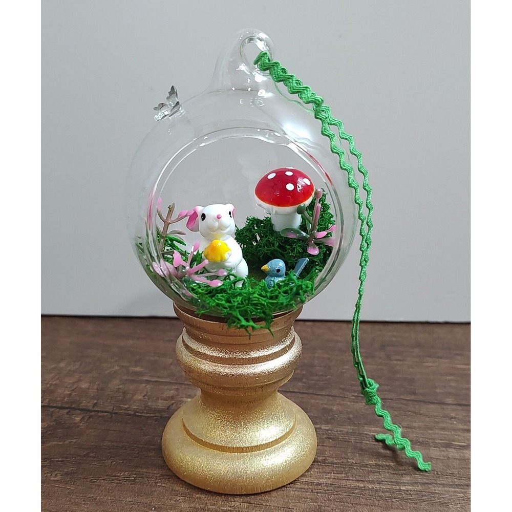 Handmade Glass Diorama Christmas Ornament Terrarium Fairy Garden Bunny Mushroom